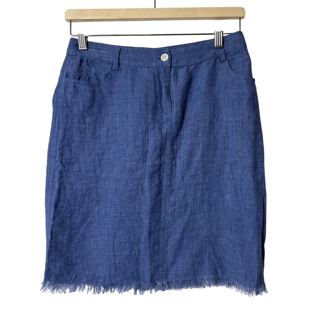 J McLaughlin Flynn Linen Solid Blue Denim Mini Skirt Raw Hem Size 0 Boho Zip Fly
